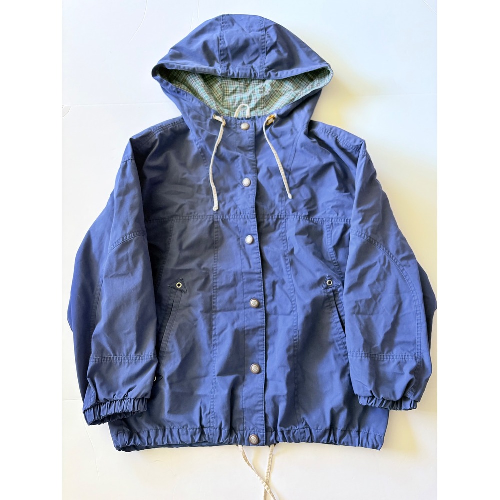 Out Brook Windbreaker Jacket Womens Small Blue Plaid Lined Hooded Cotton Blend